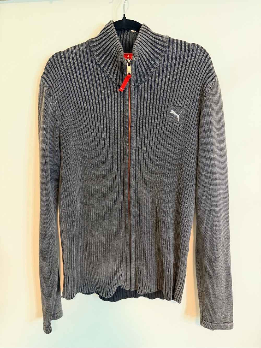 Puma Men's Dark Gray Ribbed Full-Zip Sweater with Red Zip Pull